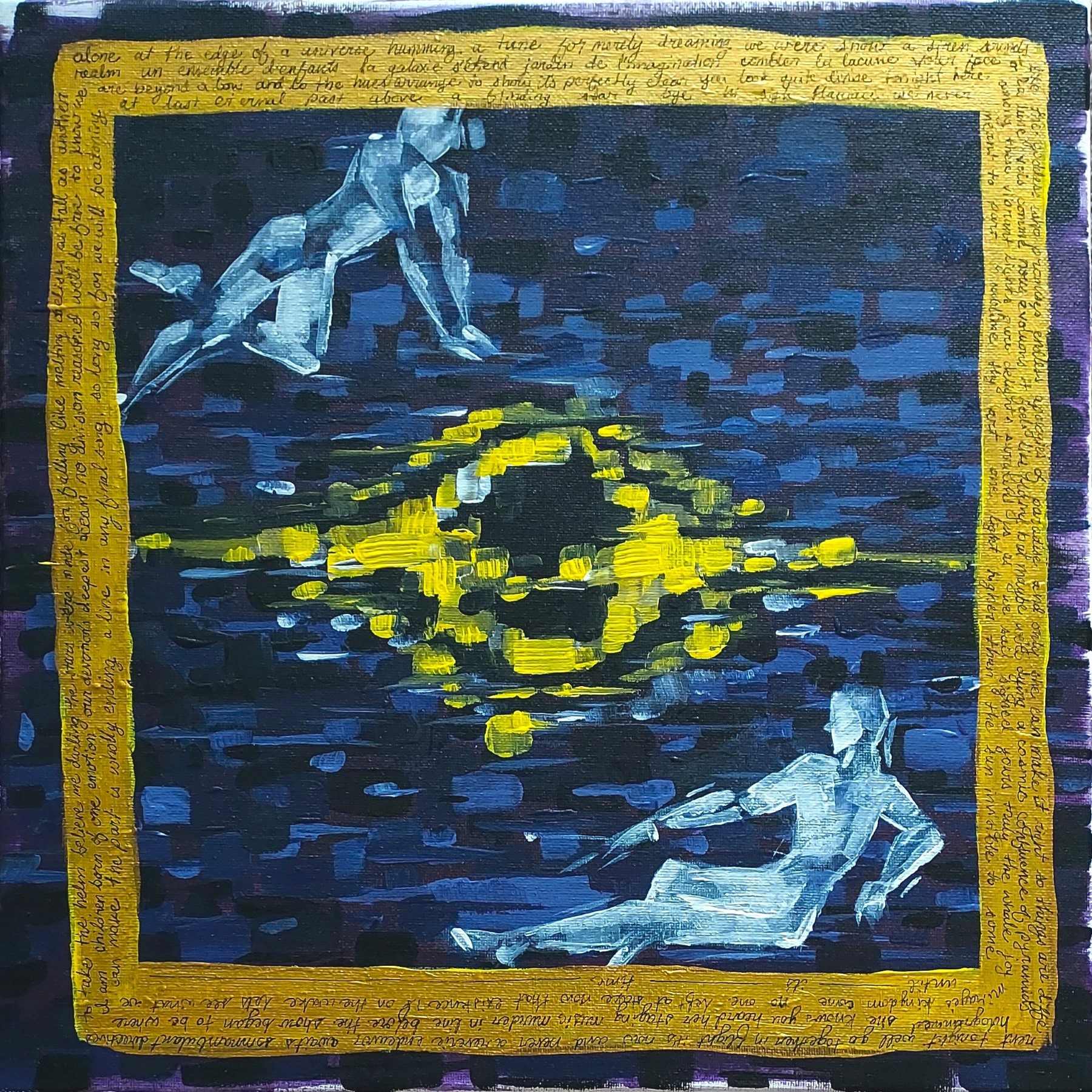 an abstracted acrylic painting of two figures around a black hole. a gold square serves as a frame for the piece and contains handwritten song lyrics spiraling around the rest of the painting.